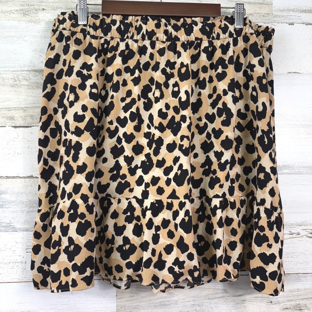 LOFT Mini Skirt Womens XL Tan Black Leopard Print Ruffle Hem Boho Chic Indie